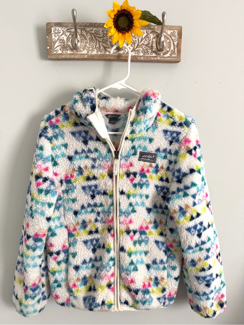 Eddie Bauer Girls Quest Hooded Fleece Jacket Geometric Print - Size M 10/12